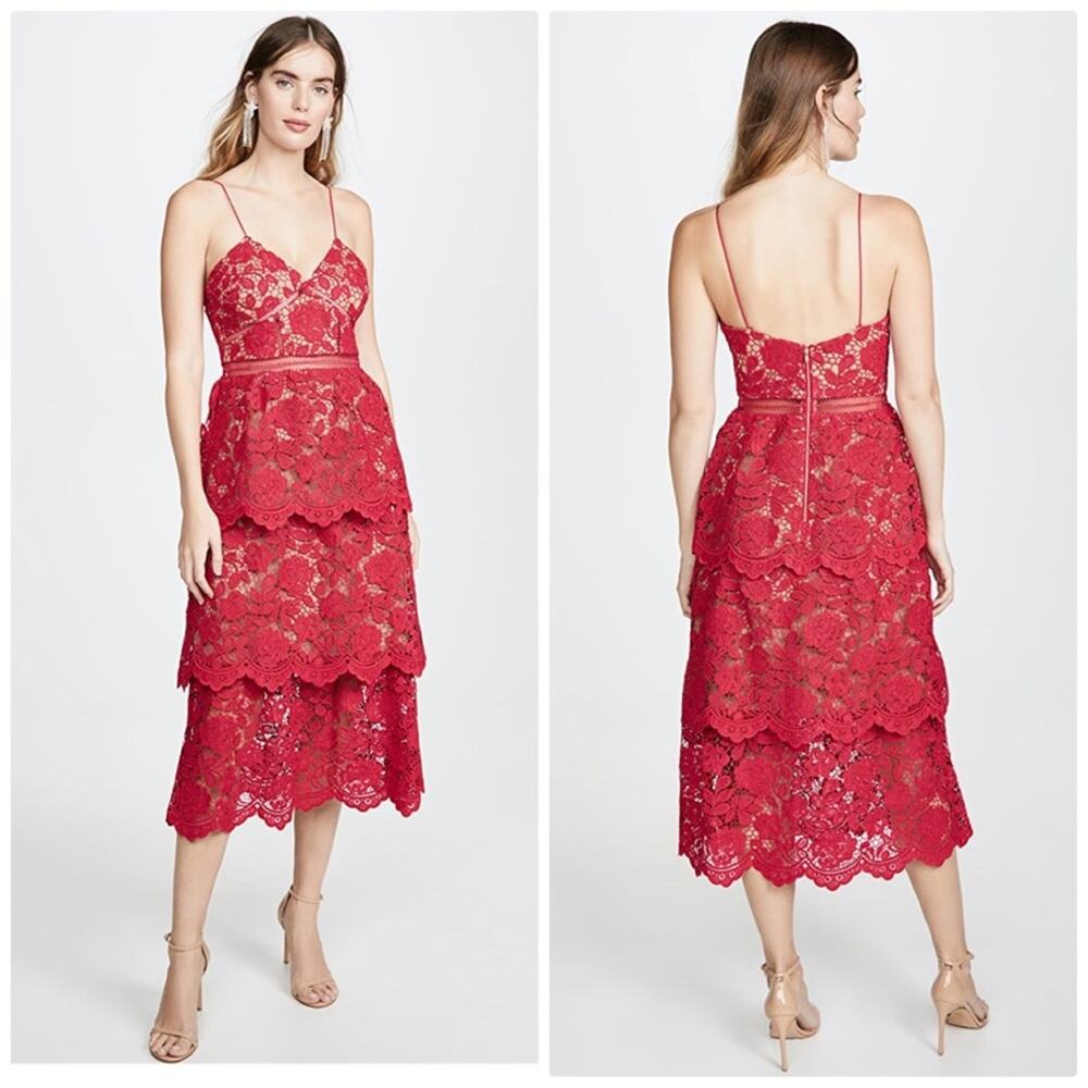 🆕 Self Portrait Women's Flower Lace Tiered V-Neck Midi Dress Red  Size 8‎